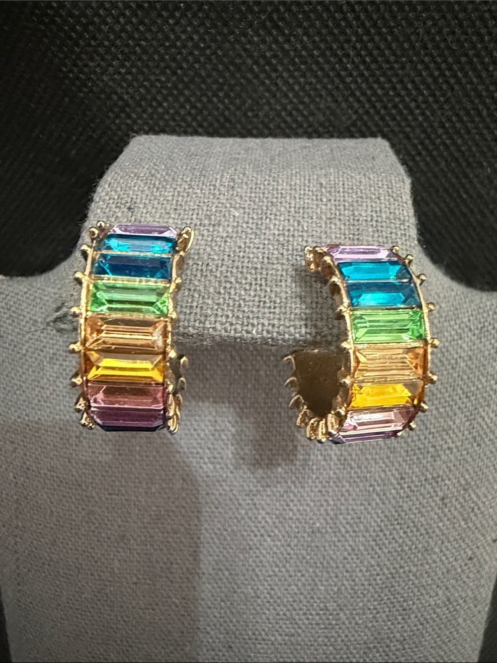 Gold-tone huggie vibrant rainbow baguette cut stone earrings